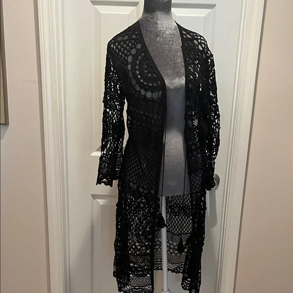 Women’s Black Crochet Knit Open Front Tunic Sz Large - Picture 4 of 9